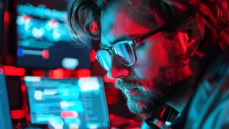 un hombre con gafas y auriculares trabajando en una computadora