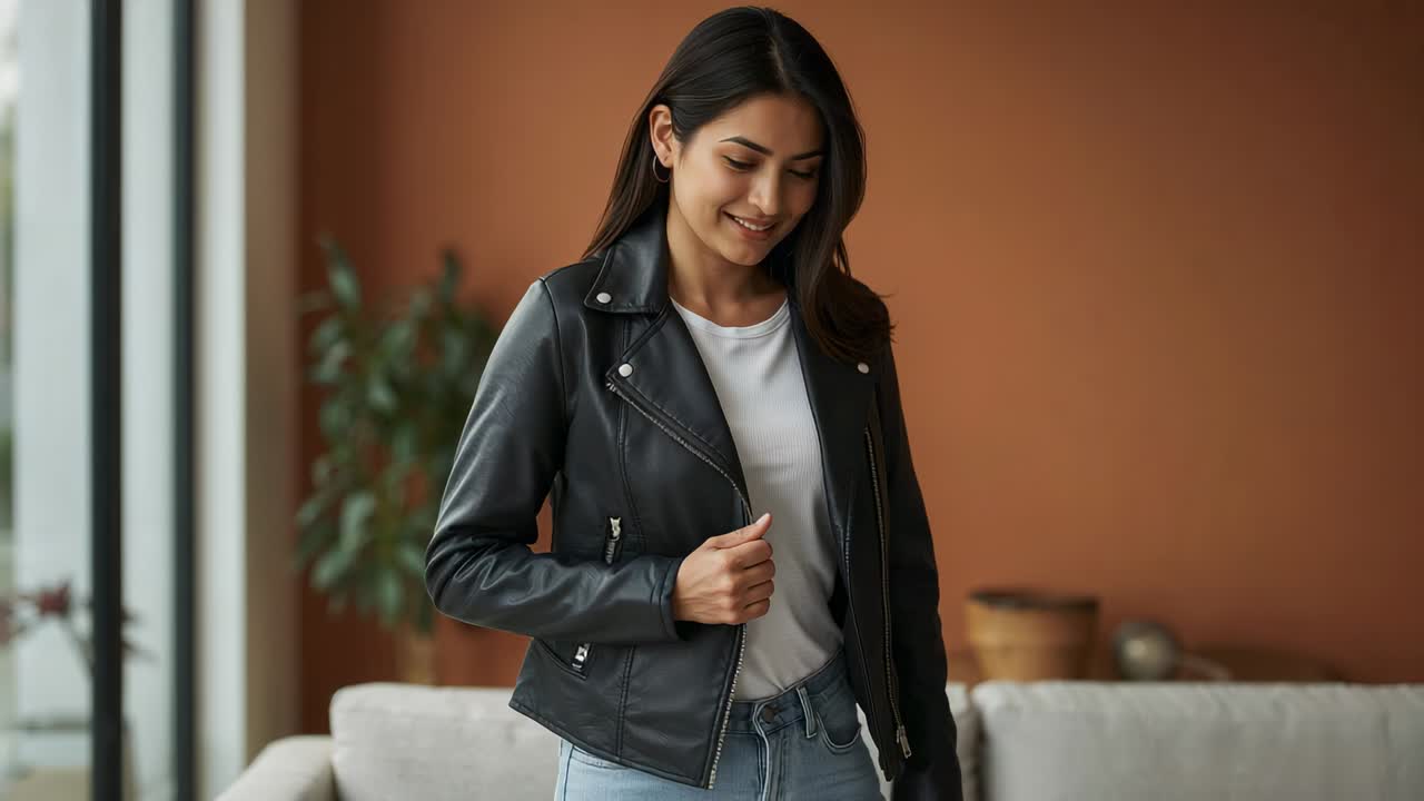 Adjusting woman holding black leather jacket lapel and tightening grip in living room, smiling