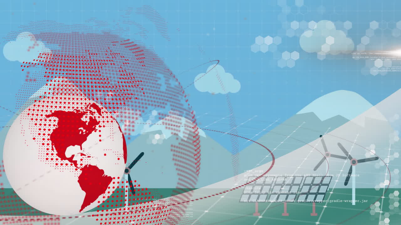 Wind turbines and solar panels surrounding red and white globe, showcasing animation