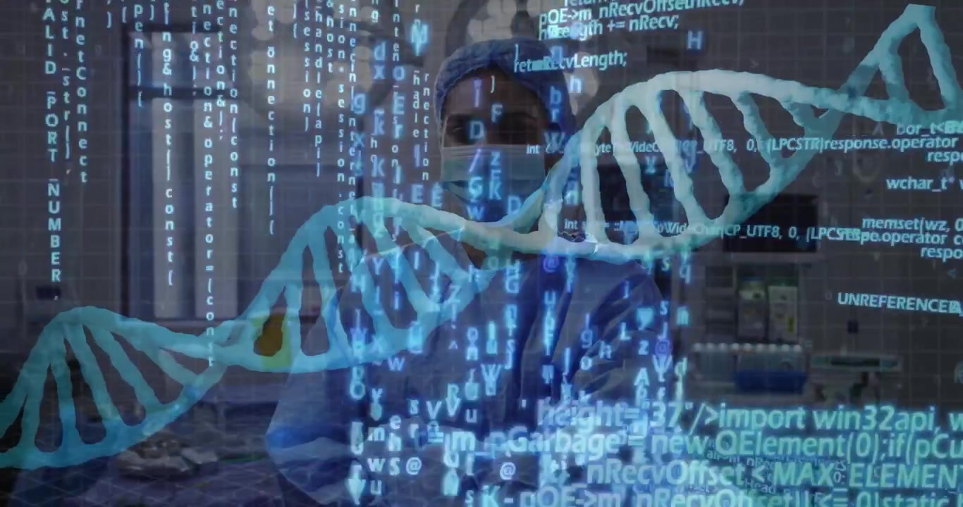 Female surgeon observing DNA helix appearing while code streams intensifying for genomic analysis
