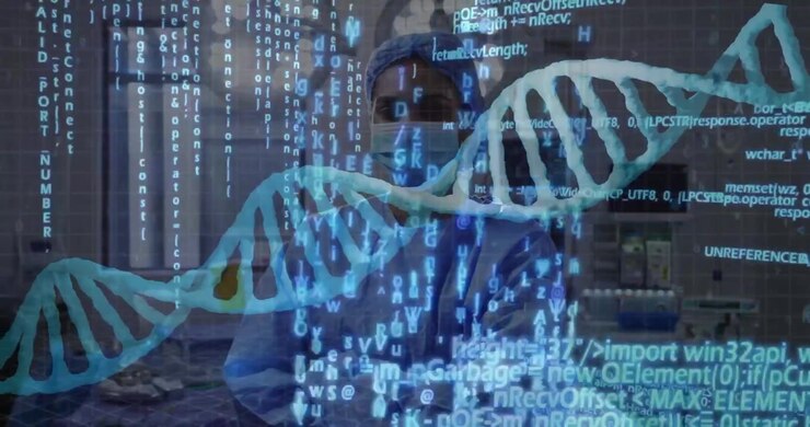 Female surgeon observing DNA helix appearing while code streams intensifying for genomic analysis