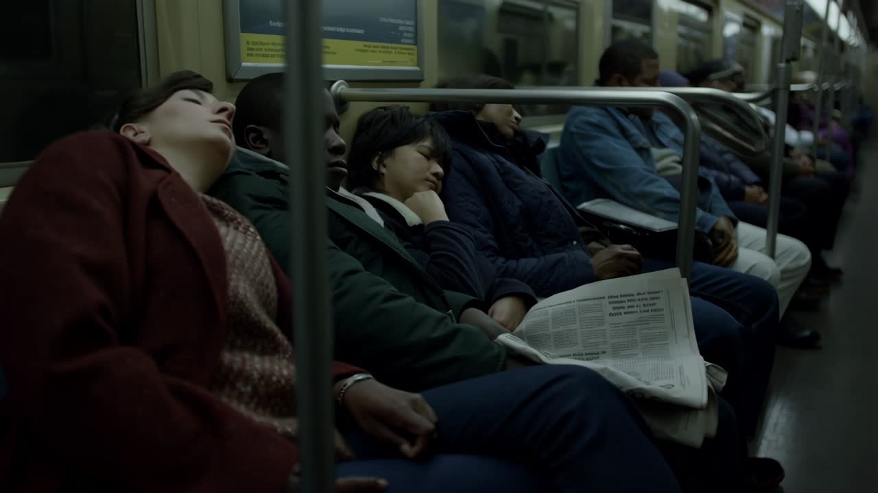 People sleeping on a crowded subway train