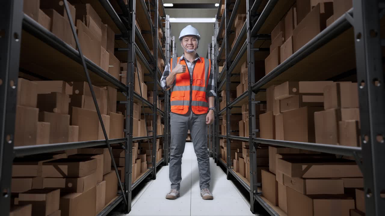 cuerpo lleno de ingeniero masculino asiático con casco de seguridad de pie en el almacén con estantes llenos de productos de entrega. sonriendo y mostrando los pulgares hacia arriba gesto a la cámara en el almacenamiento