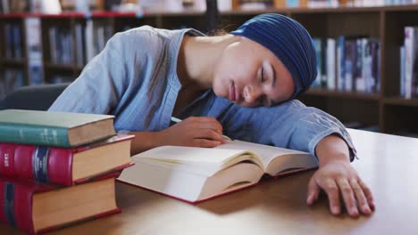 asian female student wearing a blue hijab sitting at a desk with an open book and sleeping