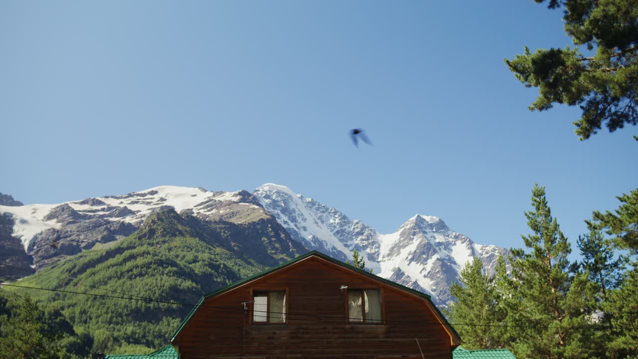cabaña de madera con vistas a las montañas nevadas