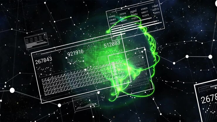 Animation of digital data processing over globe on black background