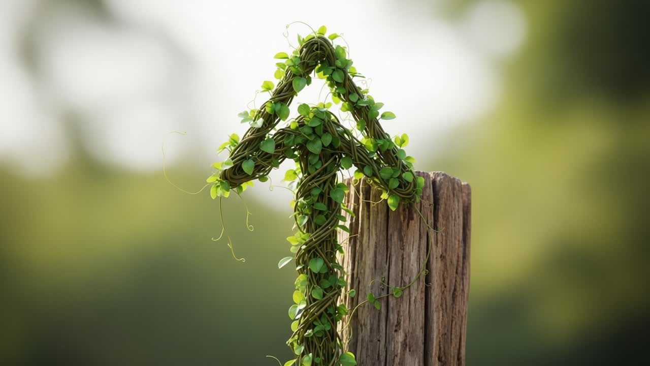 A beautifully crafted eco-friendly arrow sign made from vibrant green vines and leaves, standing tall on a rustic wooden post amidst a serene natural backdrop
