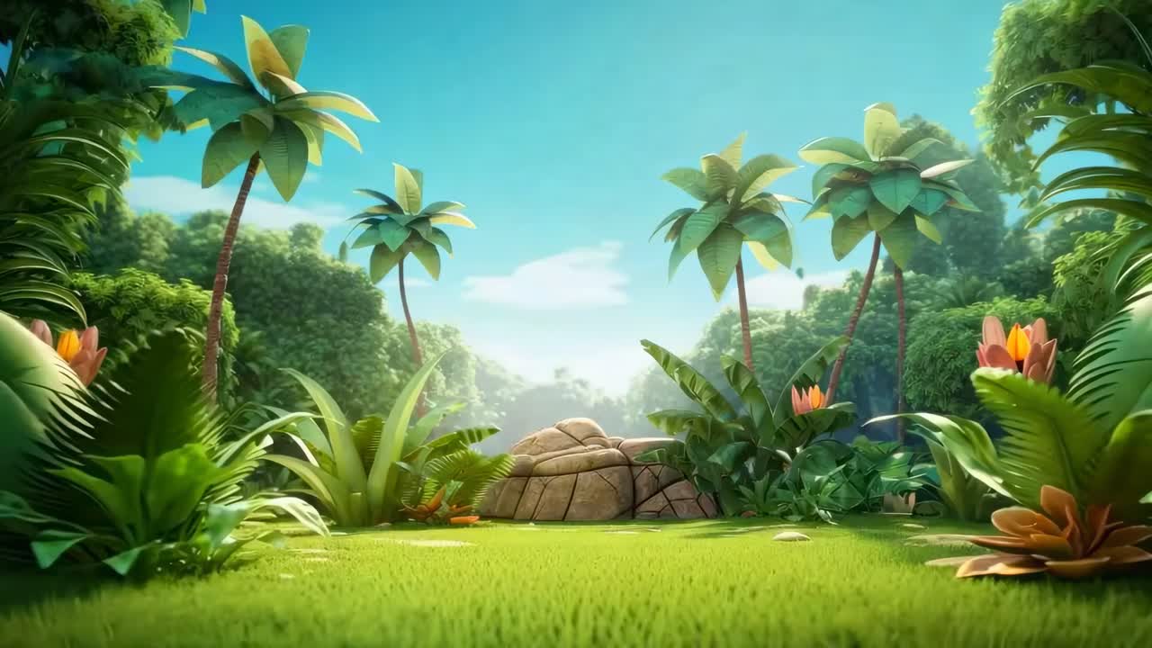 A vibrant, animated jungle scene with lush greenery and palm trees, captured from a low-angle