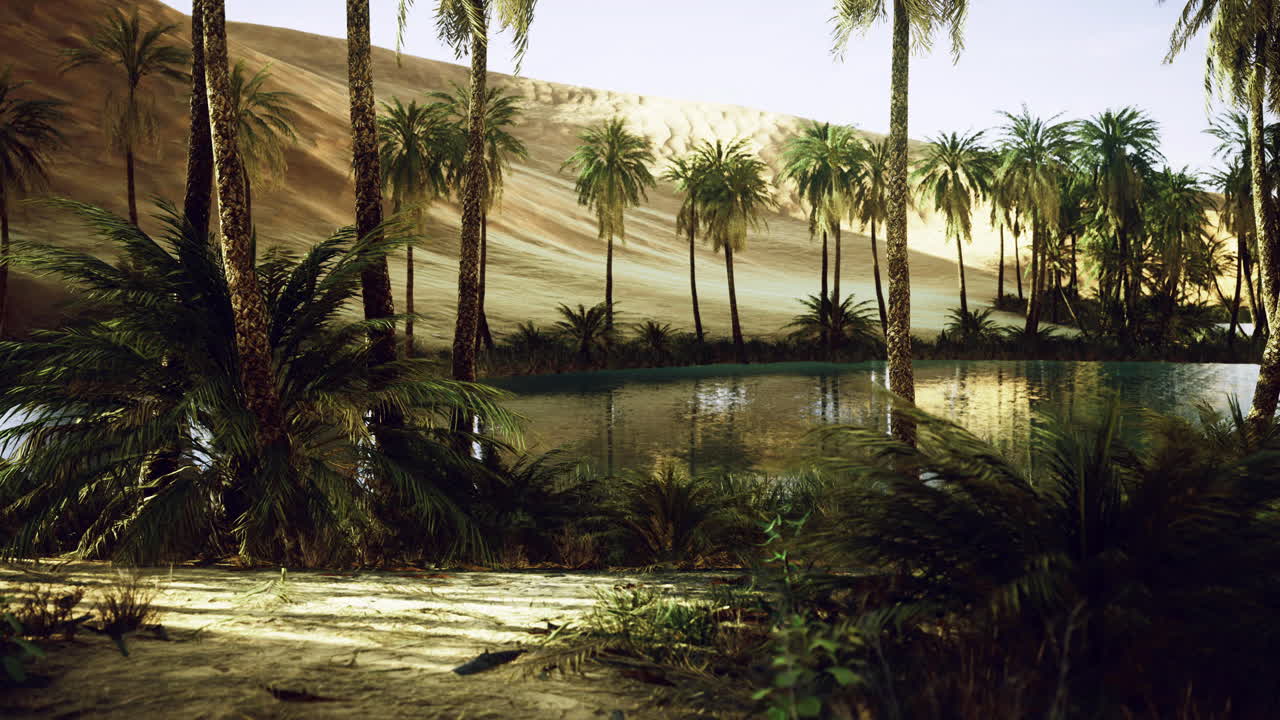 Desert oasis with lush palm trees and tranquil water at sunrise