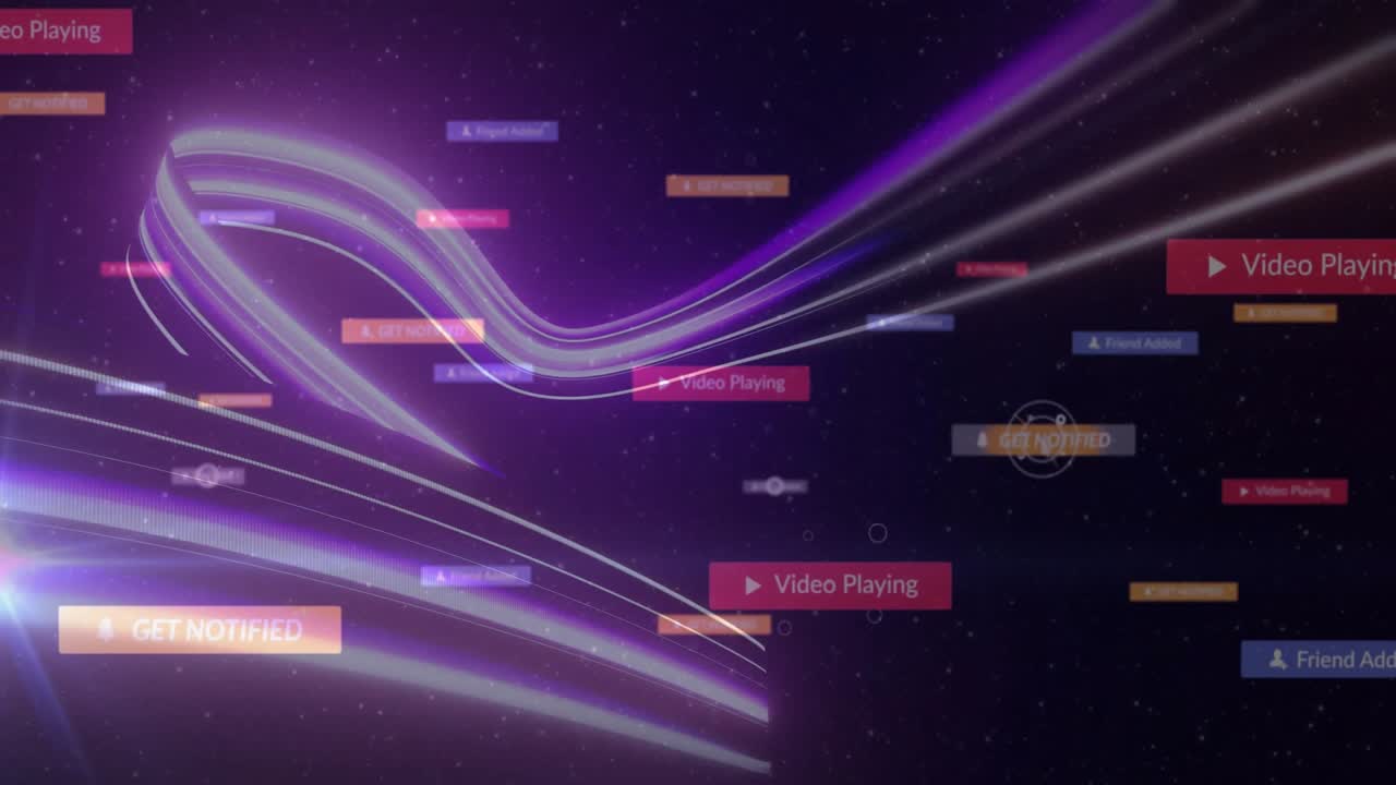Lens flare initiating purple-white ribbon sweeping rightward forming UI icons showing UI flow
