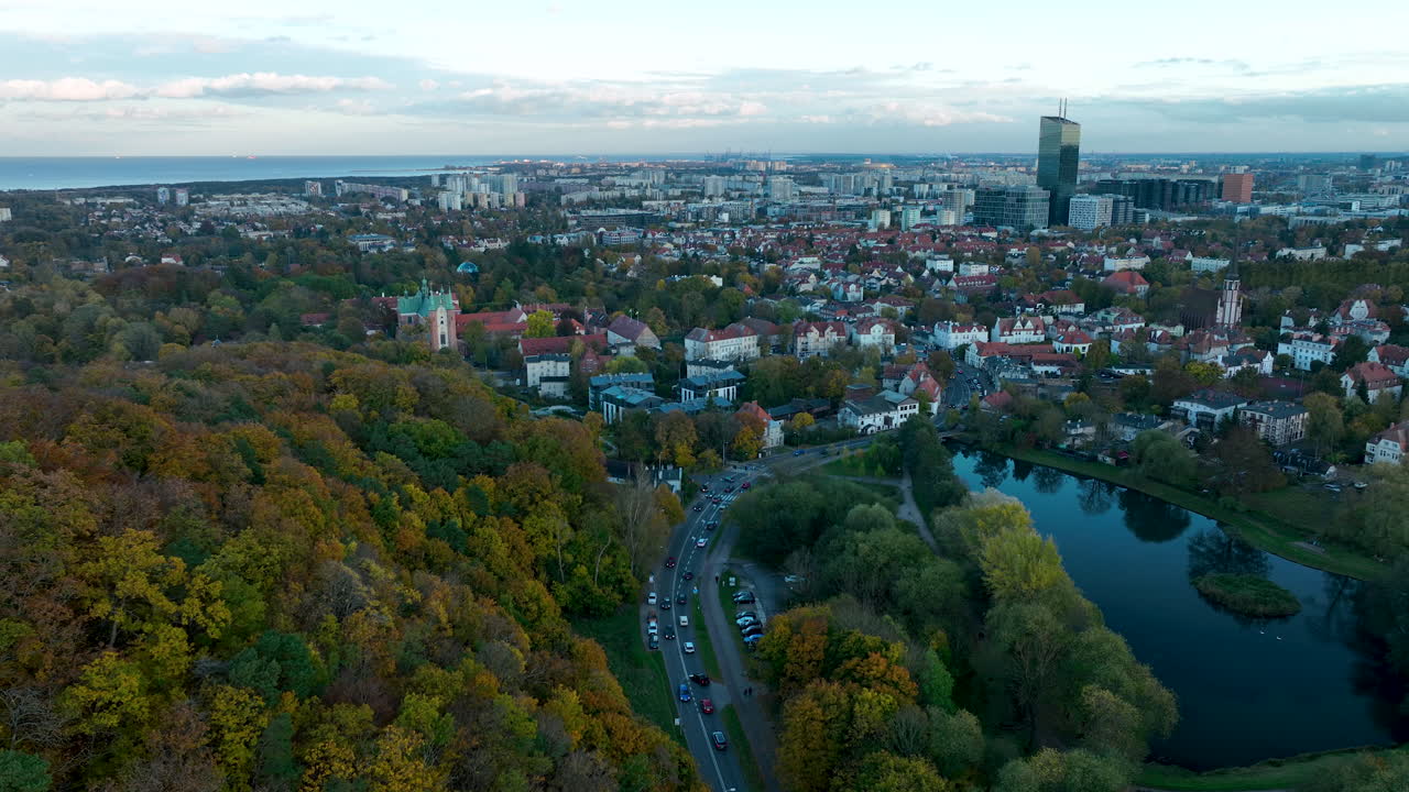 Aerial View of Gdańsk Cityscape with Forest, Lake and Urban Skyline