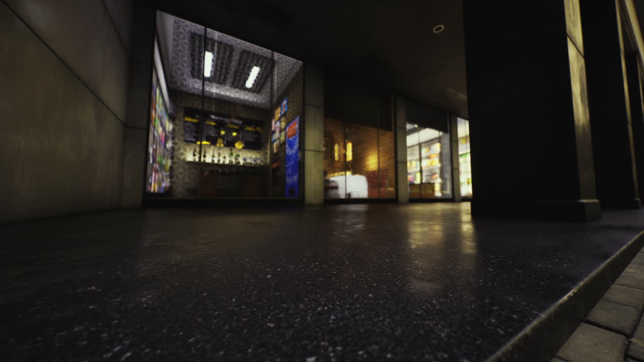 Urban view showcasing illuminated storefronts at night in bustling city