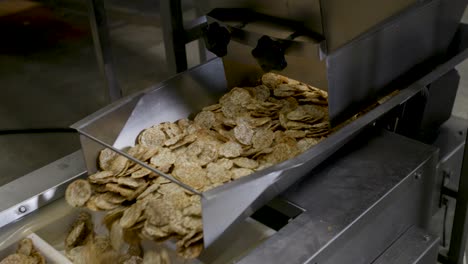 close shot of a einkorn chips going trough a machine