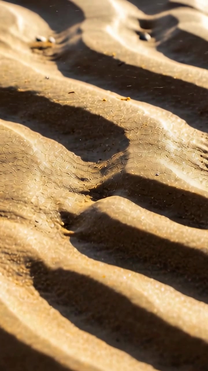 Video vertical: Cámara panorámica mostrando arena ondulada en la playa para revelar conchas, guijarros y textura.