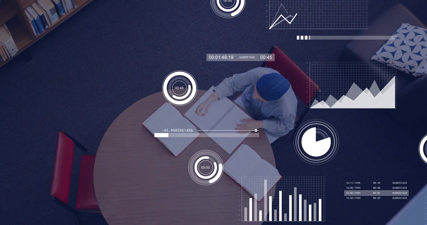 Student Studying at Desk with Digital Data Overlays