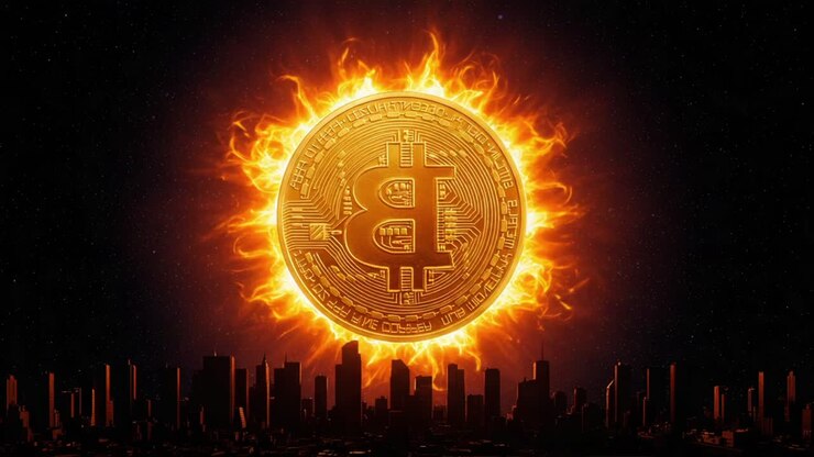 Um símbolo radiante do Bitcoin ilumina o horizonte contra um plano de fundo cósmico, destacando a intersecção da criptomoeda e da vida urbana moderna