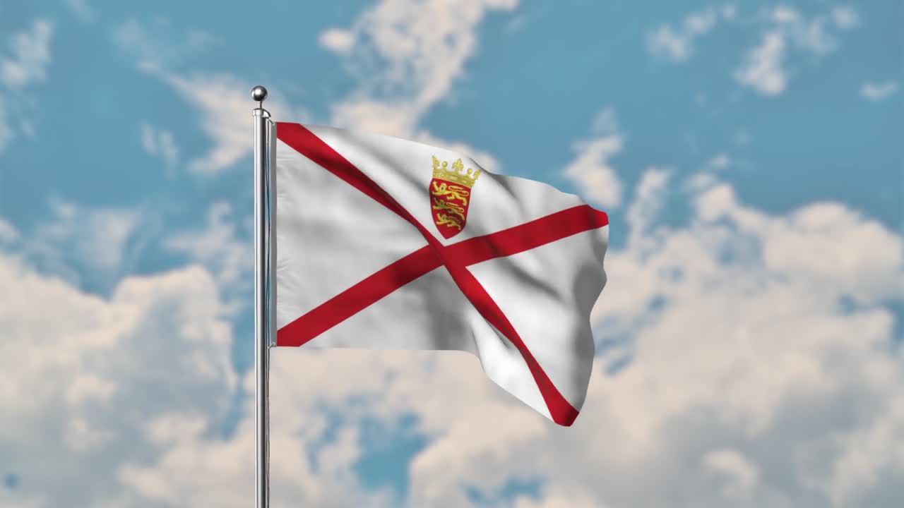 bandera de jersey ondeando en el cielo azul video realista 4k