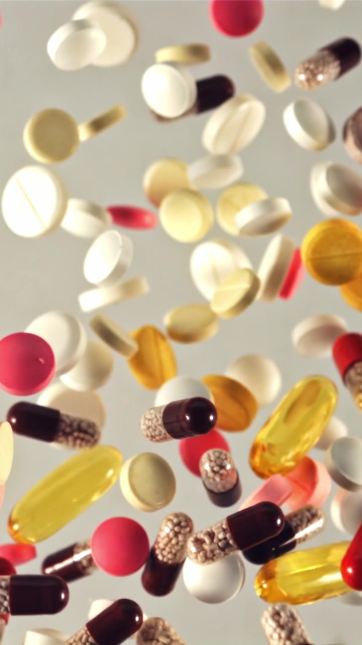 Pillole e capsule colorate che cadono al rallentatore