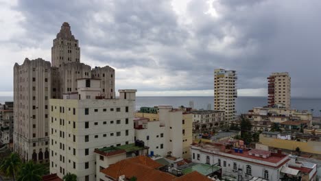 Beautiful-Aerial-Time-Lapse-view-of-the-Havana-City,-Capital-of-Cuba,-during-a-vibrant-cloudy-day