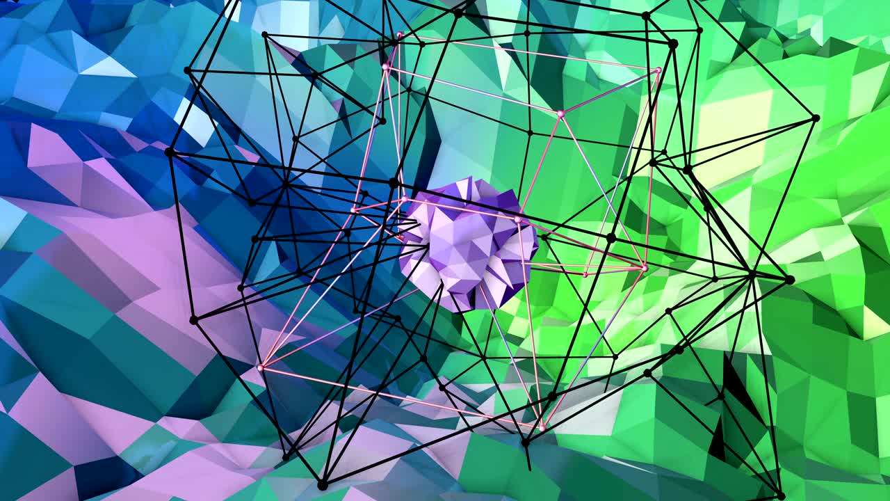 4k animación de fondo de bajo poli en bucle. animación 3d sin costuras como creativo simple de bajo poli fondo. v12 paisaje verde azul con esfera y marco móvil