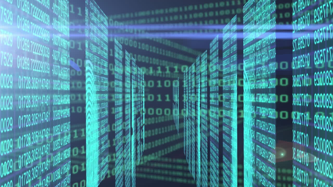 Animation of tunnel made of data processing on screens over black background