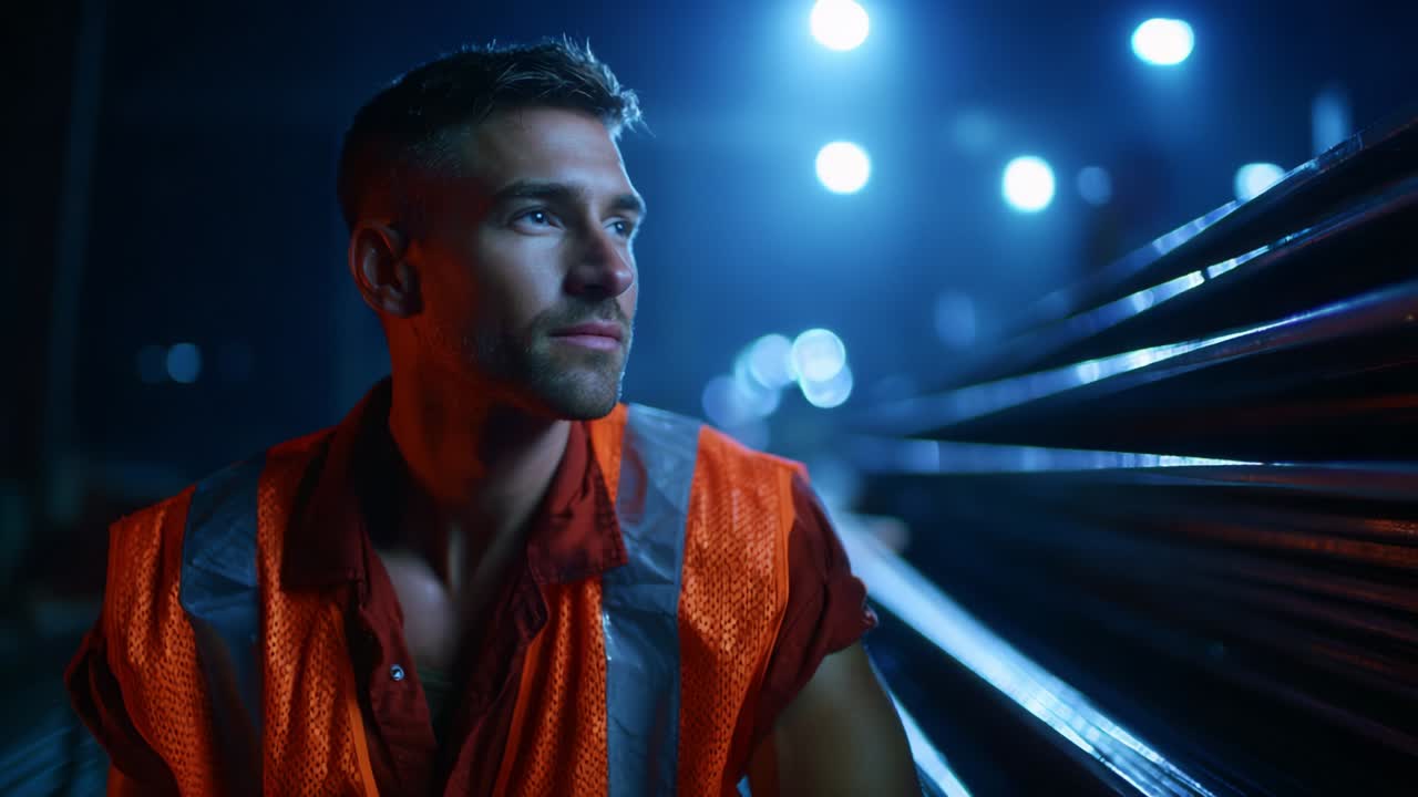 A Reflective Worker in an Industrial Environment Contemplates His Surroundings, Surrounded by Steel Beams and Soft, Ambient Light, Capturing the Essence of Labor and Determination Under Nighttime Conditions