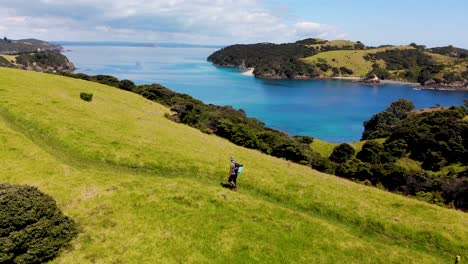 backpacker walking through lush green vegetation on coastal, aerial tracking