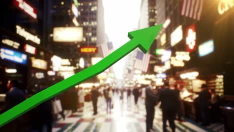 crowds navigate a bustling urban street filled with bright lights and american flags. the atmosphere is lively, hinting at growth and economic optimism.