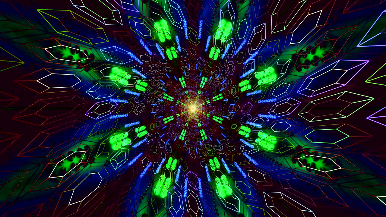 This visually engaging motion background features a tunnel filled with bright colors and shapes that continuously move and change