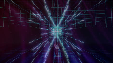 animación de puntos brillantes y rastros de luz con hombre bailando