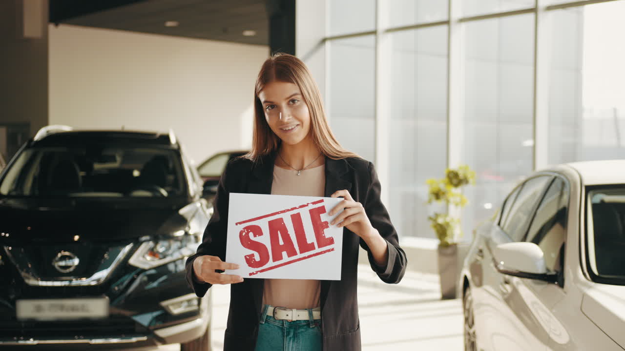 mujer sosteniendo un letrero de venta en un concesionario de automóviles