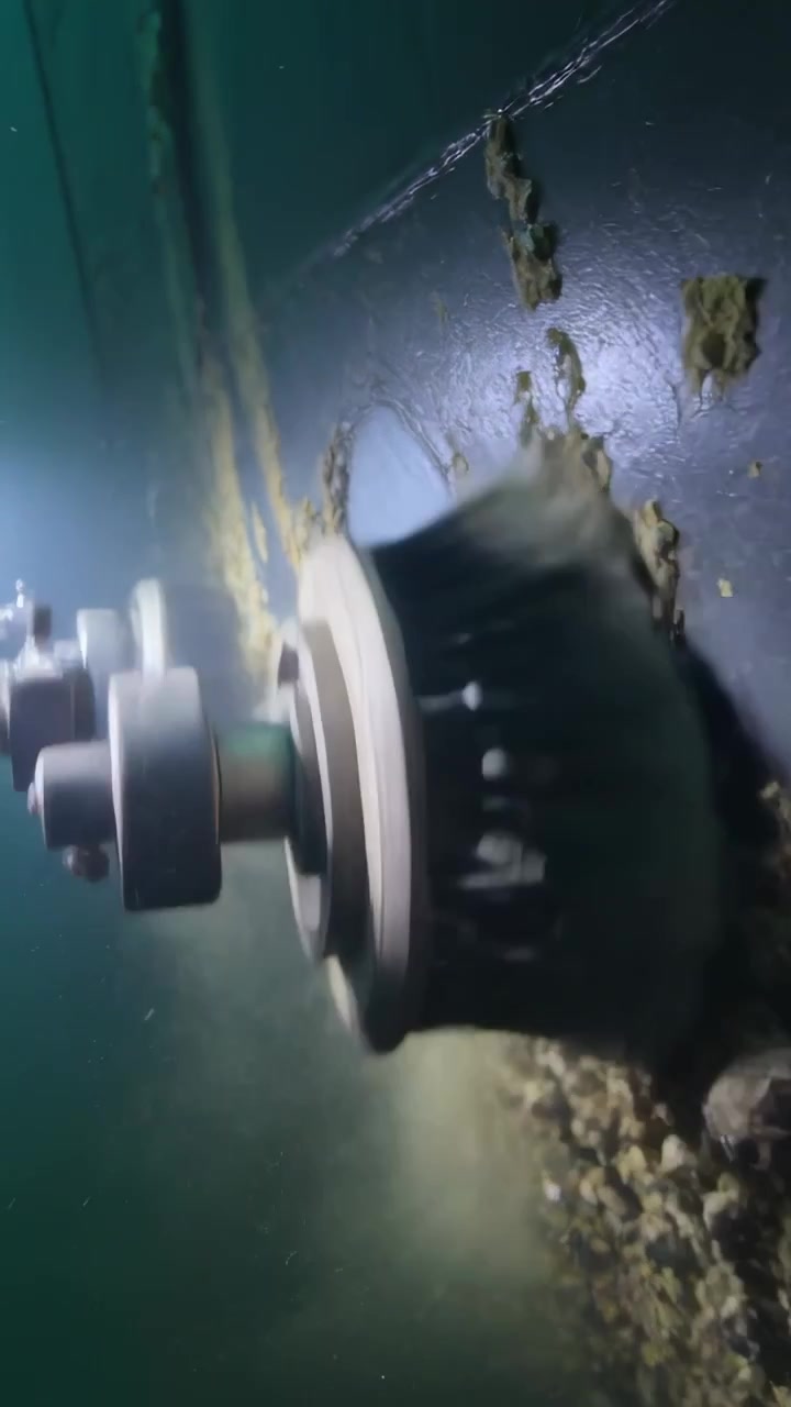 Video verticale: Spazzola rotante, azionata da albero di trasmissione, che pulisce lo scafo sommerso, rilasciando detriti.