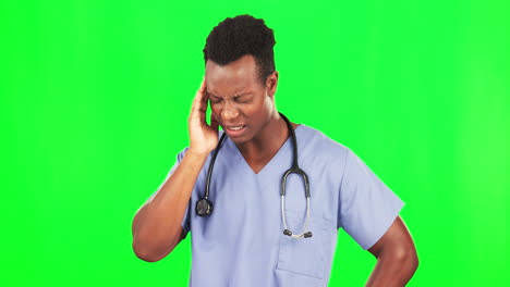 Black-man,-headache-and-doctor-in-green-screen