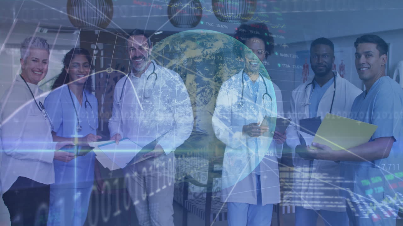 Medical professionals smiling with Earth and data processing animation overlay