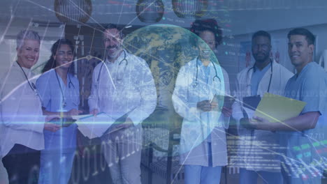 medical professionals smiling with earth and data processing animation overlay