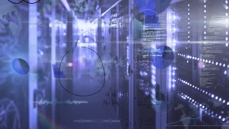 animation of mathematical equations and data processing against empty computer server room