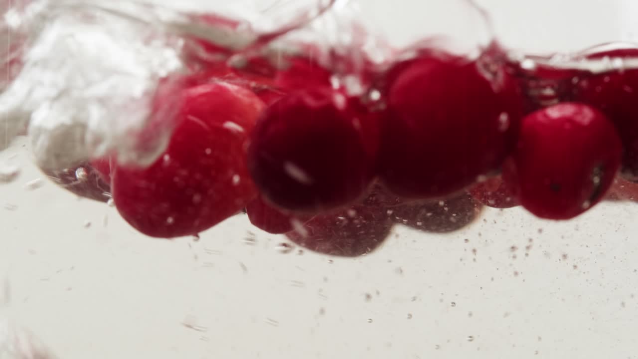 차를 위해 눈에 얼어붙은 크랜베리, 겨울 공원에서 크랜베리의 배경 클로즈업, 얼음 냉장고 매크로