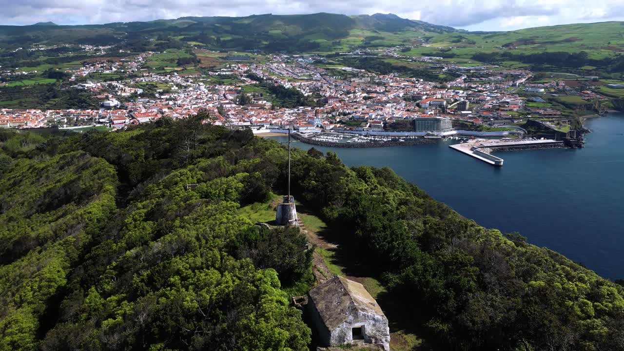 Aerial of Pico do Facho, Monte Brasil and Angra do Heroísmo City, Terceira, Azores