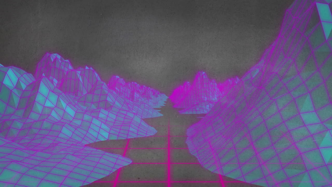 회색 배경에 움직이는 격자 패턴으로 디지털 산의 애니메이션