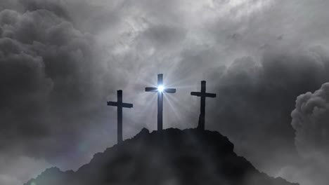 three shining crosses on hill thunderstorm background