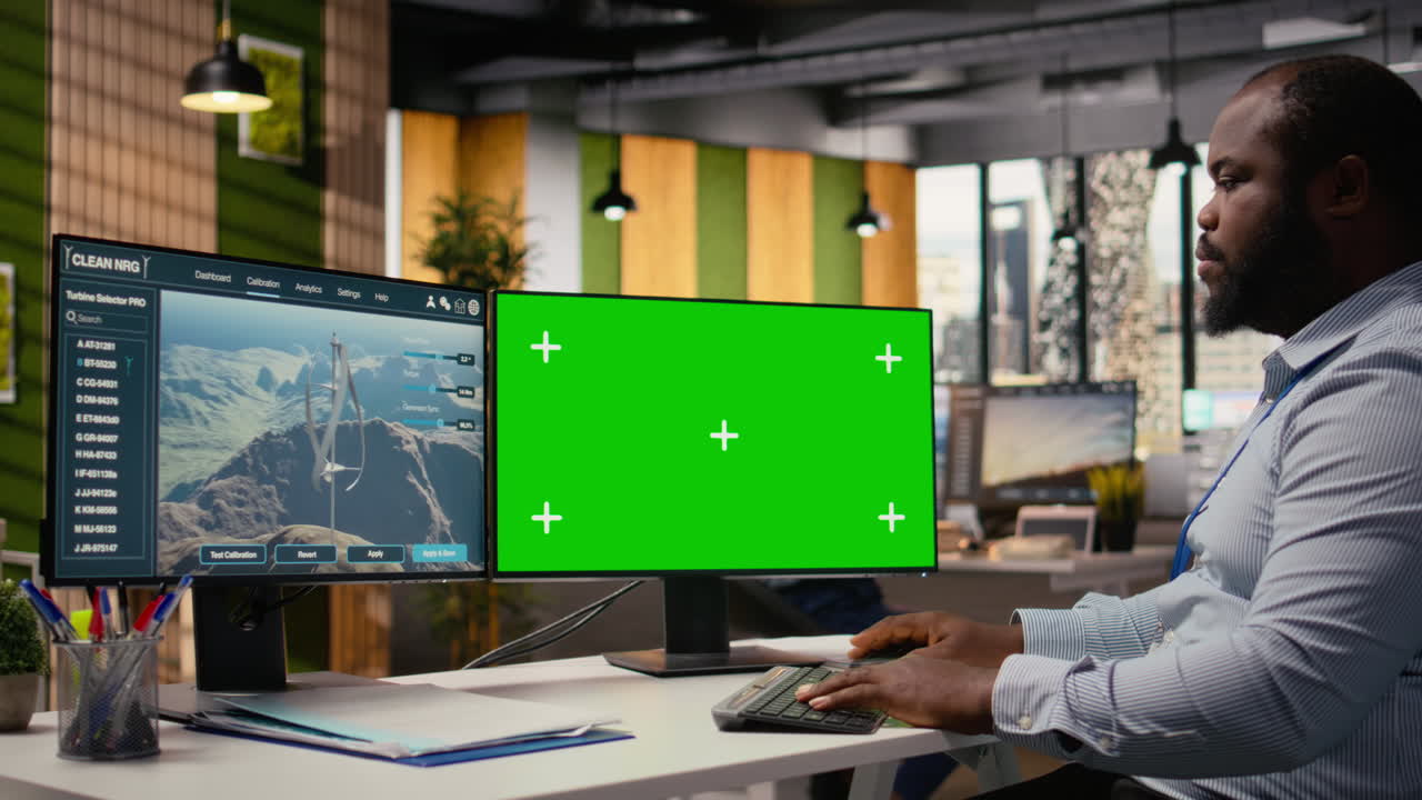 Technician Working On Futuristic Wind Turbine Concept On Isolated Screen Pc