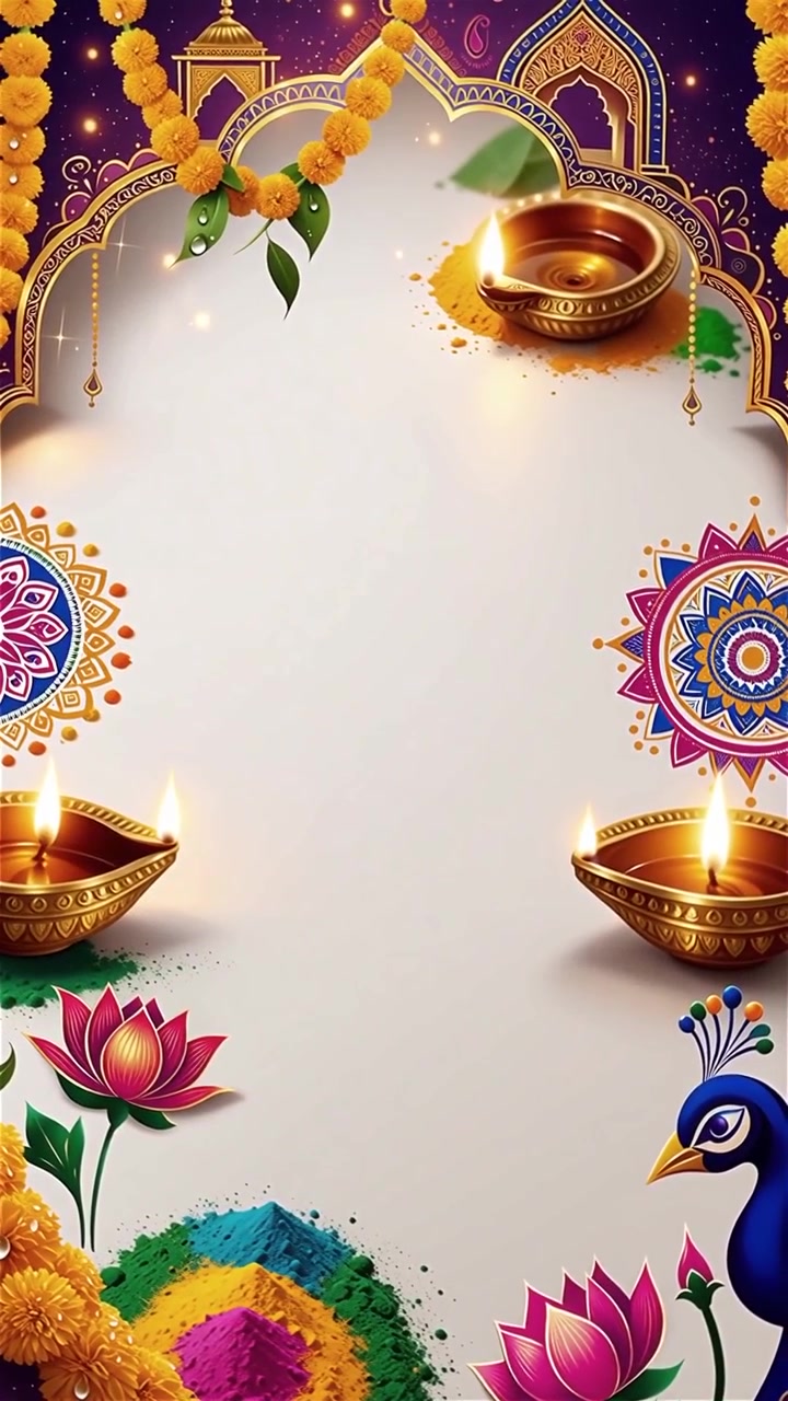 Sfondo Diwali con Diyas luminosi, Rangoli e fiori di loto