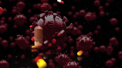 animation of floating macro covid-19 cells over floating pills on the black background