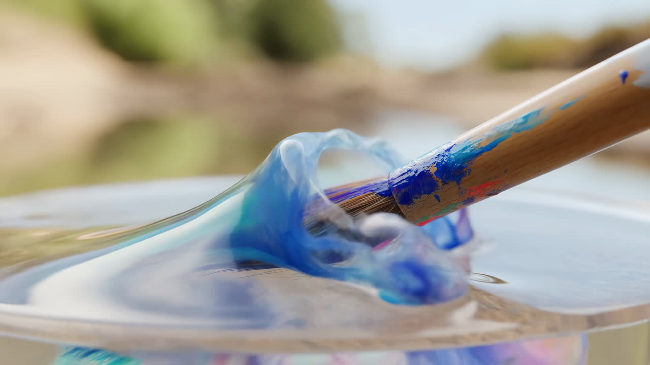 Vernice blu su pennello che si mescola in bicchiere d'acqua primo piano, pigmento ciano e verde acqua viscoso che forma un vortice liscio, artista