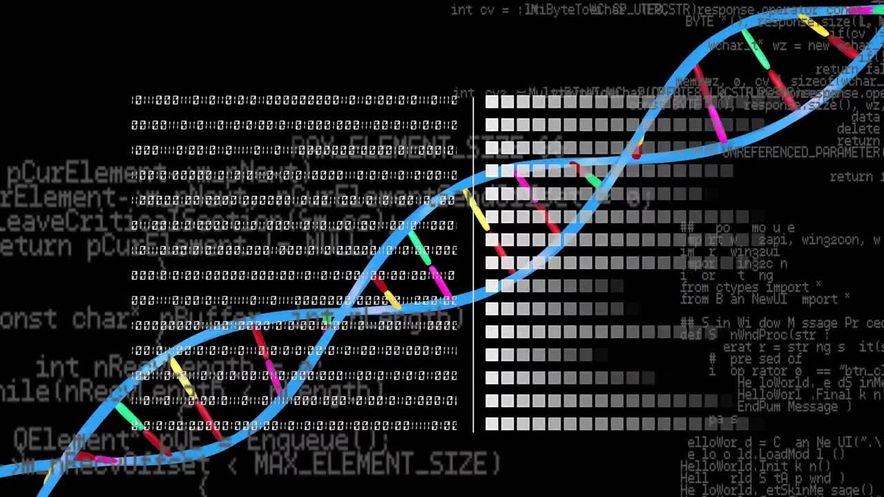 animación de la codificación binaria y el procesamiento de datos sobre la cadena de adn