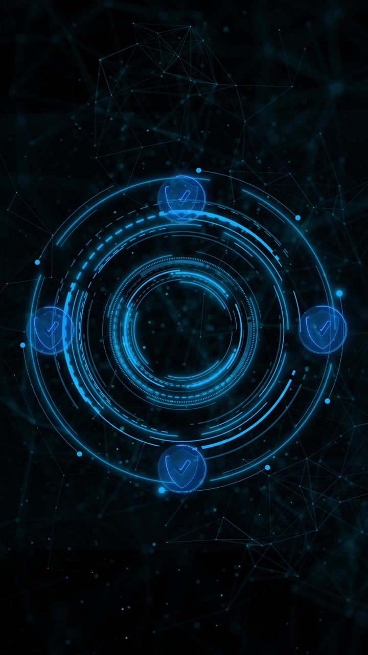 Blue security hud ring background with circular interface shield icons check marks and connected