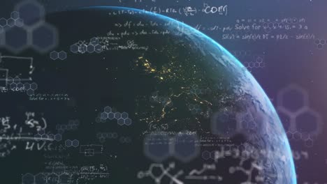 Mathematical-equations-and-chemical-structures-floating-over-globe-against-blue-background