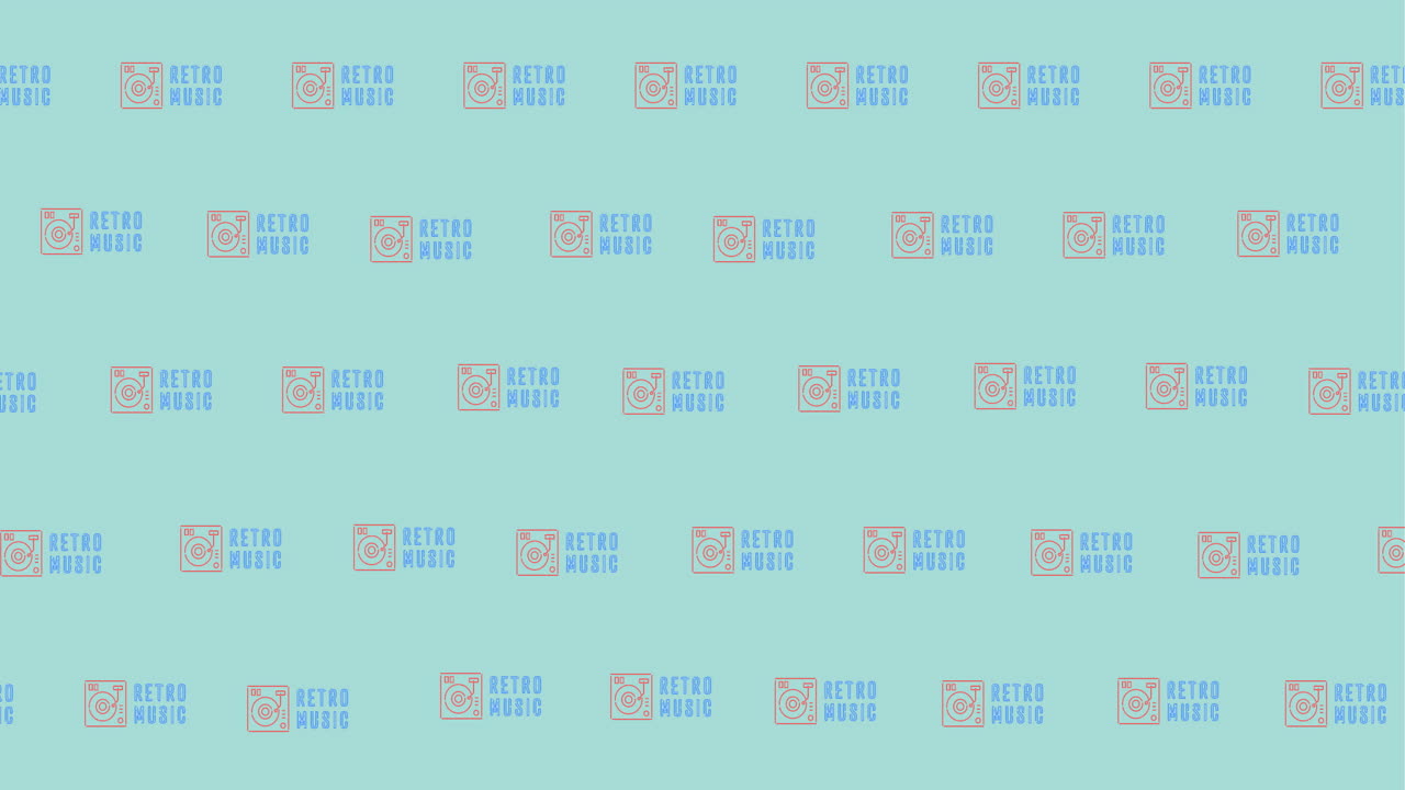 파란색 배경 위에 여러 레트로 음악 텍스트의 애니메이션
