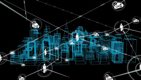 animation of network of connections with icons over 3d architectural drawing of city in background