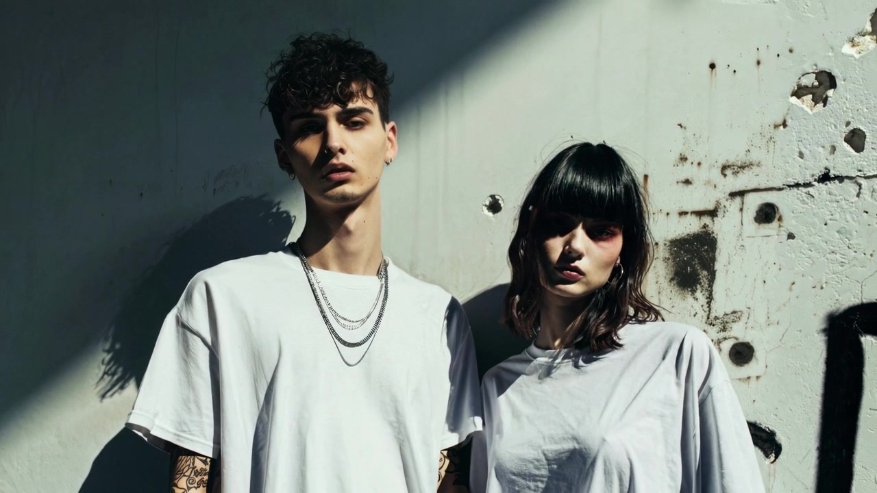 Stylish Young Couple Posing Against a Gritty Urban Wall